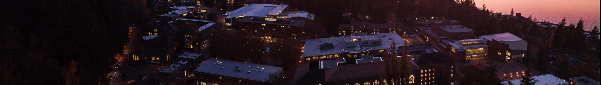 Western Washington University campus, overhead view at sunset